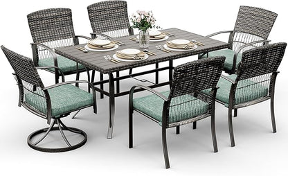 Pamapic 7 Piece Patio Dining Set for 6,Outdoor Wicker Furniture Set for Backyard Garden Deck Poolside with 4 Dining Chairs and 2 Swivel Rockers,Iron Slats Table Top, Removable Cushions(Green)
