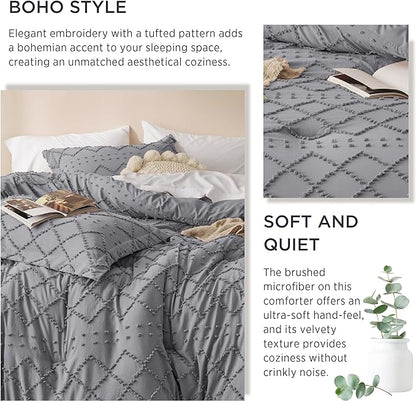 Bedsure King Size Comforter Set - Grey Comforter, Boho Tufted Shabby Chic Bedding Comforter Set, 3 Pieces Vintage Farmhouse Bed Set for All Seasons, Fluffy Soft Bedding Set with 2 Pillow Shams
