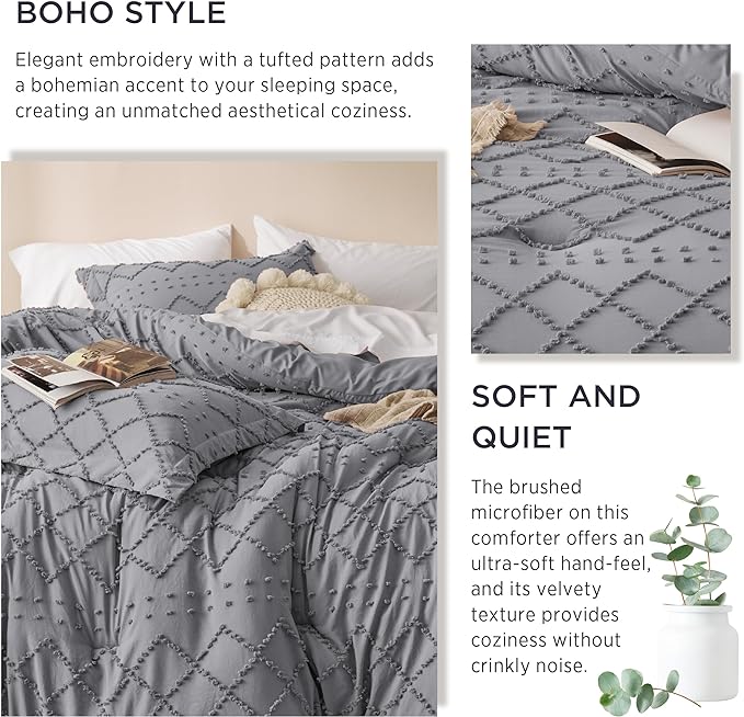 Bedsure California King Comforter Set - Grey Comforter, Boho Tufted Shabby Chic Bedding Comforter Set, 3 Pieces Farmhouse Bed Set for All Seasons, Fluffy Soft Bedding Set with 2 Pillow Shams