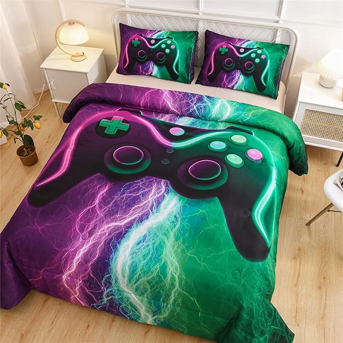 Meeting Story Gamer Gaming Bedding Sets Red Blue Lightnings Gamepad Comforter Set for Boys Games Console Action Buttons Novelty Colorful Modern Room Decor Home Quilt Set (Green-Purple, Full)