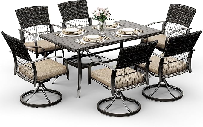 Pamapic 7 Piece Patio Dining Set for 6,Outdoor Wicker Furniture Set for Backyard Garden Deck Poolside with 6 Cushions Swivel Rocker Chairs,Iron Slats Table Top, Removable Cushions(Beige)