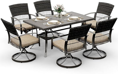 Pamapic 7 Piece Patio Dining Set for 6,Outdoor Wicker Furniture Set for Backyard Garden Deck Poolside with 6 Cushions Swivel Rocker Chairs,Iron Slats Table Top, Removable Cushions(Beige)