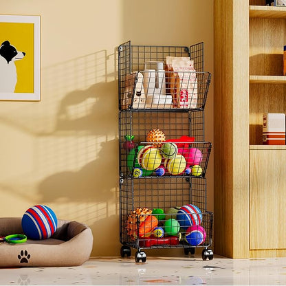 3 Tier Metal Wire Baskets - Toy Organizer Basket Shelf with Wheel, S-Hooks, Rolling Cart Hanging Storage Baskets for Child Room, Playroom, Bedroom, Kitchen (Black)
