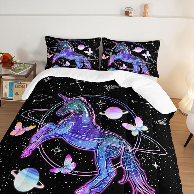 HOSIMA Unicorn Bedding Sets for Girls Kids,Butterfly Star Empty Galaxy Comforter,Unicorn Bedroom Decor for Girls Boys,Soft Microfiber Black Queen Comforter Set,Butterfly Crib Bedding Set.