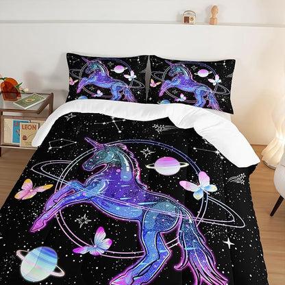 HOSIMA Unicorn Bedding Sets for Girls Kids,Butterfly Star Empty Galaxy Comforter,Unicorn Bedroom Decor for Girls Boys,Soft Microfiber Black Queen Comforter Set,Butterfly Crib Bedding Set.