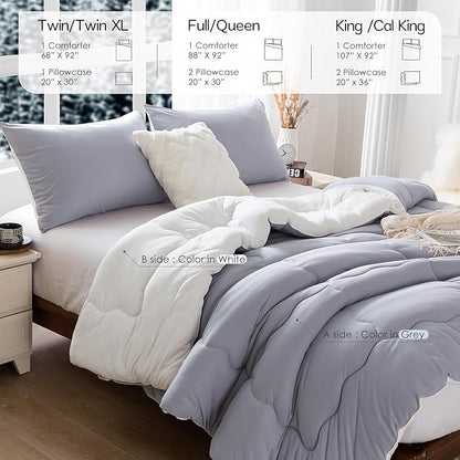 COTTEBED Grey White Warm Reversible Comforter Sets King Size Bed, Winter Milk Cup Super Soft Breathable Fluffy 1 Bedding Down Alternative Comrter & 2 Pillowcase California Cal/King