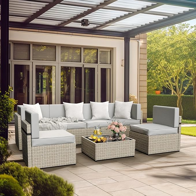 Pamapic Outdoor Sectional Furniture for 6,Wicker Patio Furniture,All-Weather Gray PE Rattan Sectional Sofa, Conversation Set with Washable Cushions Covers and Coffee Table for Garden Poolside