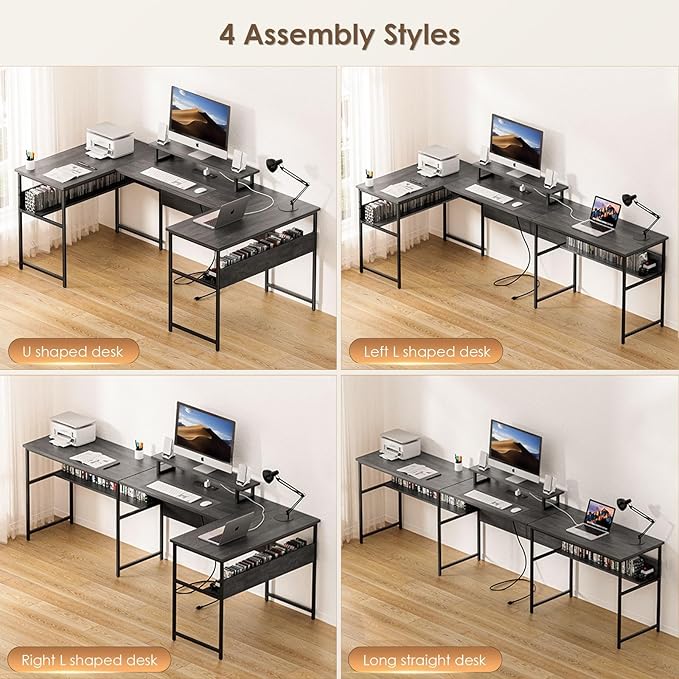 79” U Shaped Desk with Power Outlets, Reversible L Shaped Gaming Desk with Storage Shelves, Large Corner Computer Desk with Monitor Stand, 2 Person Desk for Home Office, Grey Black