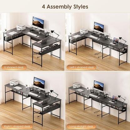 79” U Shaped Desk with Power Outlets, Reversible L Shaped Gaming Desk with Storage Shelves, Large Corner Computer Desk with Monitor Stand, 2 Person Desk for Home Office, Grey Black