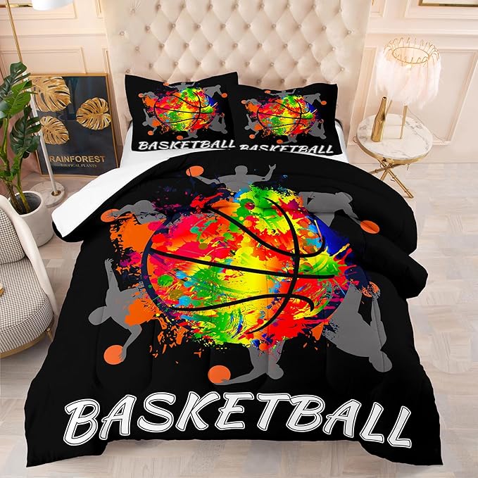 NINENINE Black Basketball Comforter Set for Boys Kids Teens Twin Size Sports Bedding Watercolor Tie-dye Comforter Color Graffiti Hip Hop Style Bed Set with 1 Comforter 1 Pillowcase