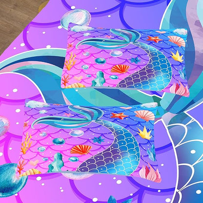 NINENINE Mermaid Tail Bedding Sets for Teens Girls,Purple Princess Comforter Sets Girls,Blue Glitter Bedding Sets,Sparkly Fish Scales Comforter Sets with 1 Comforter 2Pillowcases