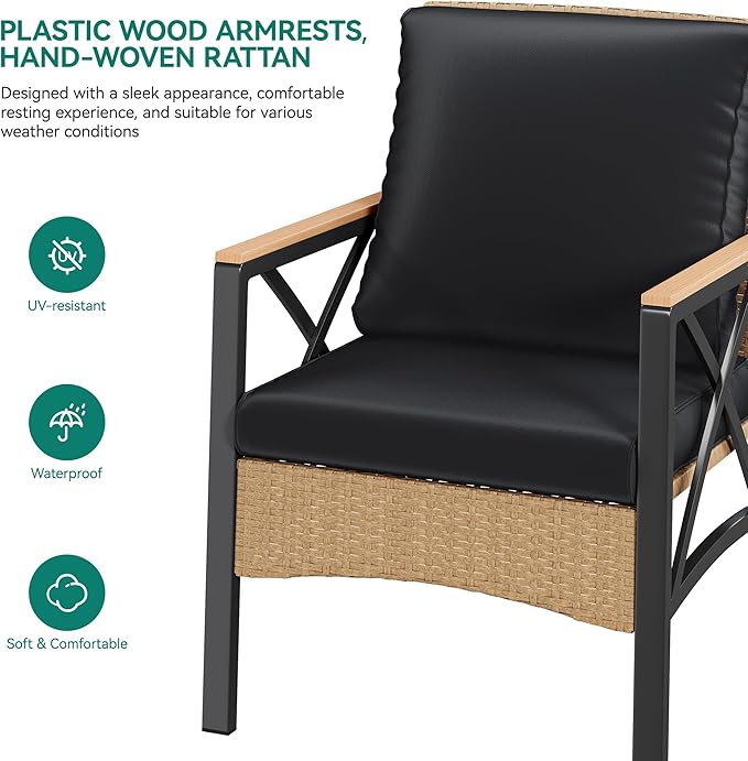YITAHOME 4-Piece Patio Wicker Furniture Set with Wood Armrest, All Weather Rattan Conversation Furniture Sets for Backyard, Balcony, Deck w/Soft Cushions and Plastic Wood Table (Light Brown+Black)