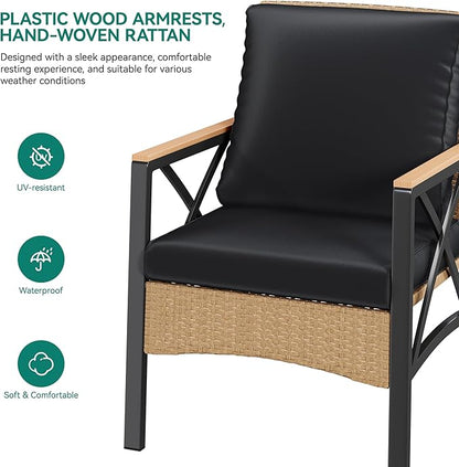 YITAHOME 4-Piece Patio Wicker Furniture Set with Wood Armrest, All Weather Rattan Conversation Furniture Sets for Backyard, Balcony, Deck w/Soft Cushions and Plastic Wood Table (Light Brown+Black)