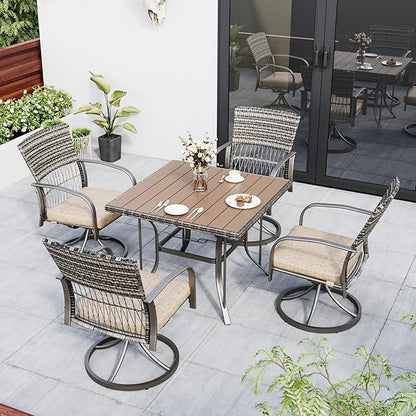 Pamapic 5 Piece Patio Dining Set for 4,Wicker Outdoor Furniture Set for Backyard Garden Deck Poolside with Square Plastic-Wood Table Top,4 Cushions Swivel Rocker Chairs,Removable Cushions(Beige)