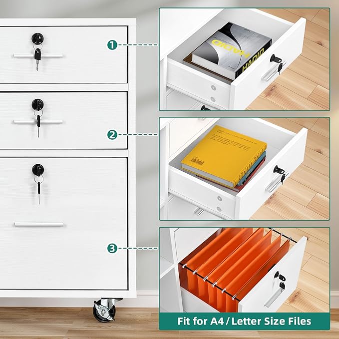 DWVO 3 Drawer File Cabinet with Charging Station, Mobile Filing Cabinet with Lock, White