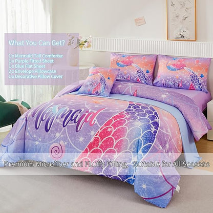 RYNGHIPY Full Bed in a Bag for Kids Teens Girls 6 Pieces, Soft Bedding for All Seasons, Cute Mermaid Tail Kids Bedding Set, Leightweight Girls Fluffy Bed Set