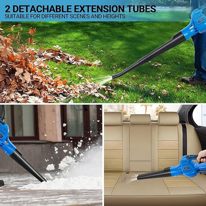 20V Cordless Leaf Blower with Battery and Charger, Leaf Blower Battery Operated, Rechargeable Electric Handheld Leaf Blowers Variable Speed with 2 Tubes for Patio, Leaves Blowing-Blue