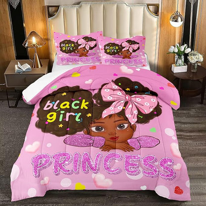 Black Girl Comforter Set Queen, Black African American Girls Queen Comforter Sets, Pretty Pink Princess Queen Comforter Set for Girls Bedroom Decor, Queen (1 Comforter 2 Pillowcases)