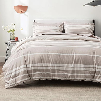 Bedsure Bed in a Bag Twin Size 5 Pieces, Light Camel White Striped Bedding Comforter Sets All Season Bed Set with 1 Pillow Sham, Flat Sheet, Fitted Sheet and 1 Pillowcase