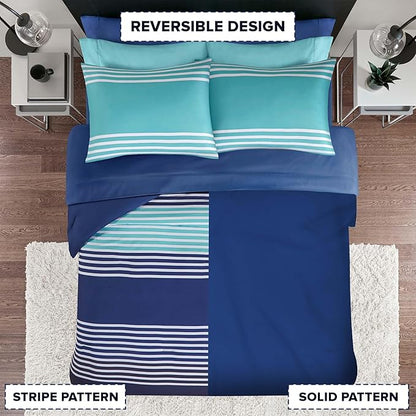 Comfort Spaces Full Comforter Sets with Sheets - Bed in a Bag 9 Pieces Teen Bedding Sets Full, Navy and Grey Stripes Bedding Full, College Full Bed Set, 2 Side Pocket Bedroom Organizer Full Navy
