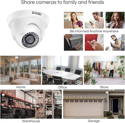 ZOSI 1000TVL CCTV Camera 24 IR LEDs Indoor Outdoor Day Night Vision 65ft Security Dome Color Camera for DVR Surveillance System (White)