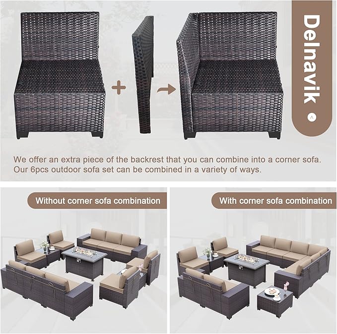 Patio Furniture Sectional Sofa Set 13-Pieces PE Rattan Patio Conversation Set w/43in Gas Fire Pit Table, Outdoor Furniture with 55000 BTU Propane Fire Pit, Sand