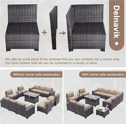 Patio Furniture Sectional Sofa Set 13-Pieces PE Rattan Patio Conversation Set w/43in Gas Fire Pit Table, Outdoor Furniture with 55000 BTU Propane Fire Pit, Sand