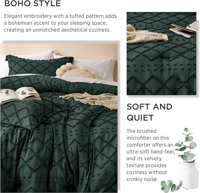 Bedsure Twin/Twin XL Comforter Set - Forest Green Boho Twin Extra Long Comforter Set for College, Shabby Chic Dorm Bedding Set, 2 Pieces Modern Farmhouse Bed Set, includes 1 Pillow Sham