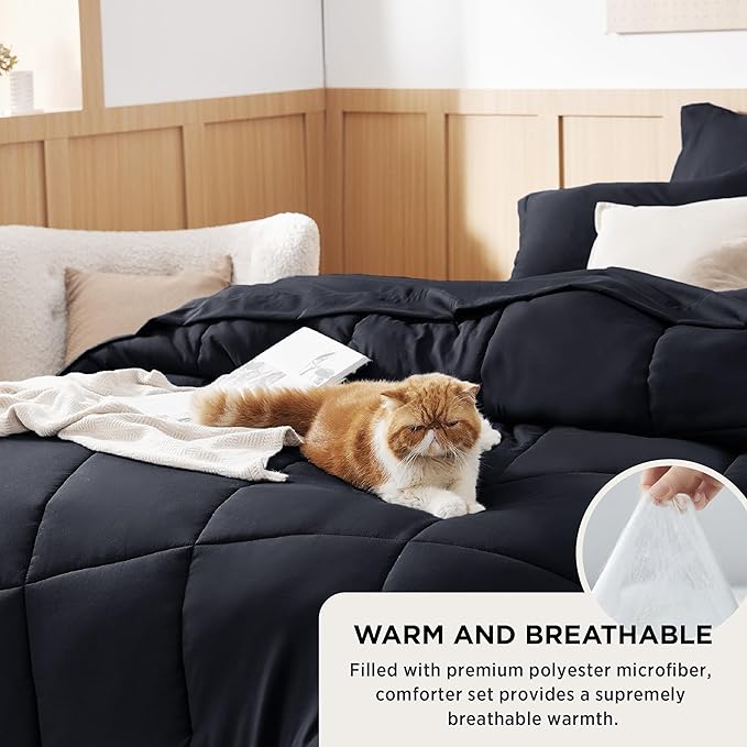 Bedsure Black Full Bed Set - 7 Pieces Solid Full Size Comforter Set, Full Bedding Set Black with Quilted Warm Fluffy Comforters, Sheets, Pillowcases & Shams