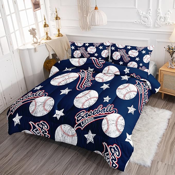3D Baseballs Comforter Full Size,Blue Baseball Kids Comforter Set,3Pcs Bedding Set Printed Comforter with 2 Pillowcases,Down Alternative,Soft and Lightweight,for All Seasons