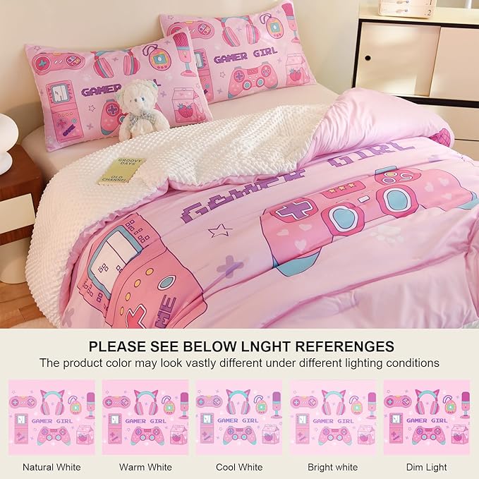 Video Game Full Size Comforter Set for Girls Kids Teens 3D Gaming Controller Pattern Gamepad Print Bedding Set- 3 Piece Pink Quilt with 2 Pillowcases (80"x90")