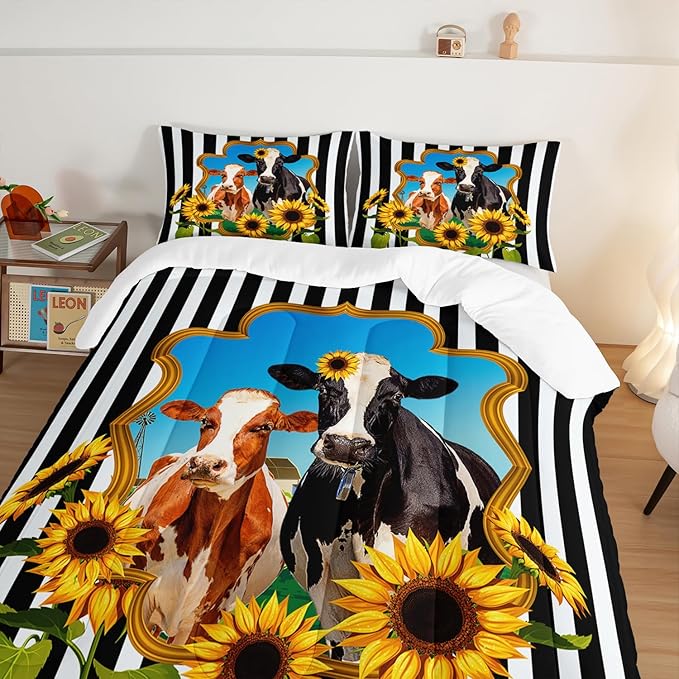 HOSIMA Animal Theme Bedding Set Bull and Cow Comforter with 2 Pillowcases,Black and White Stripes King Size Comforter Set for Adults Teens Kids,Sunflower Print Western Bedding Sets.