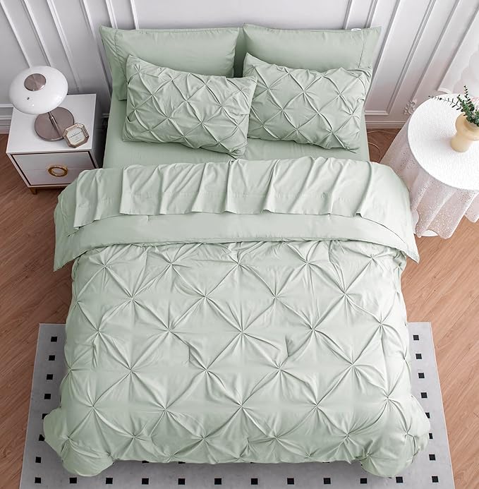 LANE LINEN California King Comforter Set, 7 Piece Cal King Bed in a Bag, Pintuck Cal King Bedding Set, Soft Cali King Bed Set, Cal King Bed Comforter Sets with Sheets, Pillowcases & Shams - Mineral