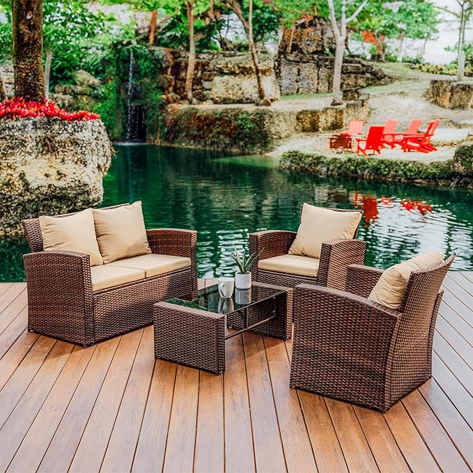 Nestl Wicker Outdoor Furniture Set - 4 Piece Patio Set (Brown/Beige)