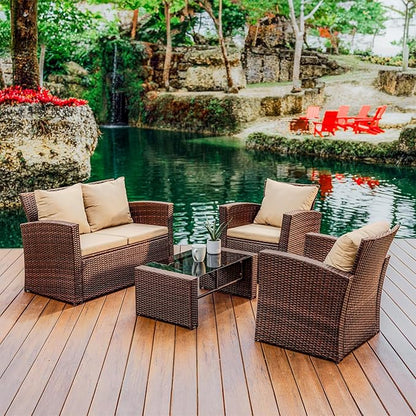 Nestl Wicker Outdoor Furniture Set - 4 Piece Patio Set (Brown/Beige)