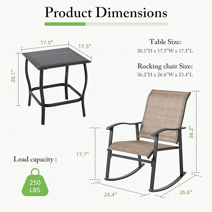 Shintenchi 3 Piece Rocking Bistro Set, Outdoor Furniture with Rocker Chairs and Glass coffee table set of 3, Balcony, Porch Furniture for Small Space, Brown