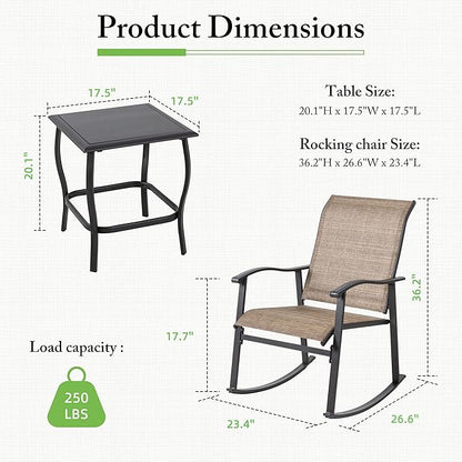 Shintenchi 3 Piece Rocking Bistro Set, Outdoor Furniture with Rocker Chairs and Glass coffee table set of 3, Balcony, Porch Furniture for Small Space, Brown