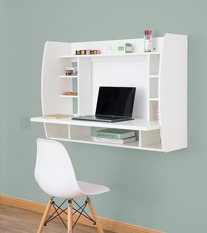 Wall Mount Laptop Office Desk with Shelves, White,