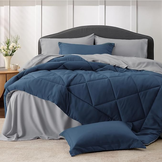 Bedsure Navy Bed Sets Twin - 5 Pieces Reversible Twin Comforter Sets, Twin Bedding Set with Comforters, Sheets, Pillowcase & Sham