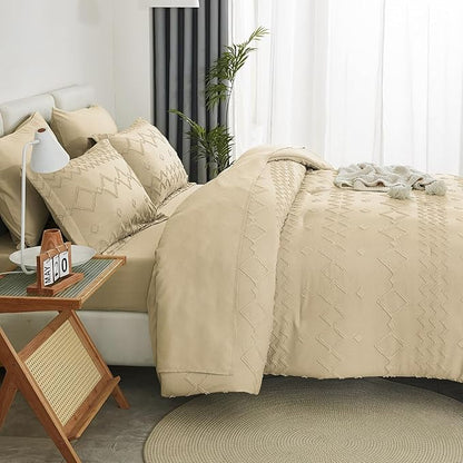 EMME Twin Comforter Set - 5 Pcs Beige Boho Bedding Sets, Tufted Comforter with Sheets, Shabby Chic Embroidery Twin Bed Set Fluffy Bed Bag for All Season(68"X90")