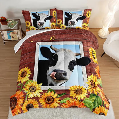 HOSIMA Farmhouse Animal Cow Comforter with 2 Pillowcases,Wooden Decor Terracotta Comforter Twin Bed in a Bag Sets for Adults Teens,Cow Print Bedding Room Decor,Sunflower Comforter Set.