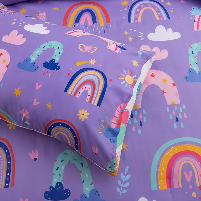 Btargot Lightweight Soft 3 Piece Rainbow Comforter Set with 2 Pillow Covers, Cartoon Love Hearts Flowers and Sun Star Bedding Set for Girls Boys Kids, Twin Dark Purple