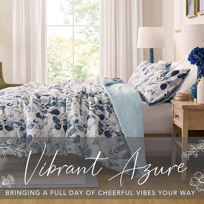 Codi Floral Queen Comforter Set for Womens, Spring Lavender Bedding Sets with Soft Seersucker 3pcs - 1 Flower Comforters and 2 Pillows Case, Blue