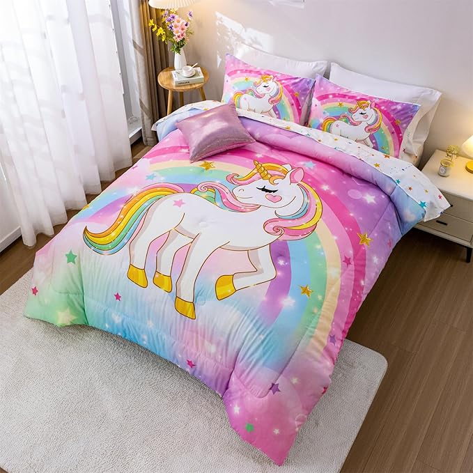 Aimuan Girls Unicorn Comforter Set 6 Pieces Pink Purple Bedding Set with Rainbow Star Galaxy Stars Fantasy Children Room Decor Soft Reversible Bed Sets for Boys/Girls/Teens (Rainbow Full6Pcs)