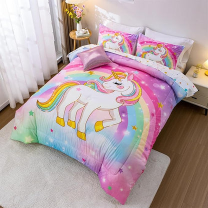 Aimuan Girls Unicorn Comforter Set 6 Pieces Pink Purple Bedding Set with Rainbow Star Galaxy Stars Fantasy Children Room Decor Soft Reversible Bed Sets for Boys/Girls/Teens (Rainbow Full6Pcs)