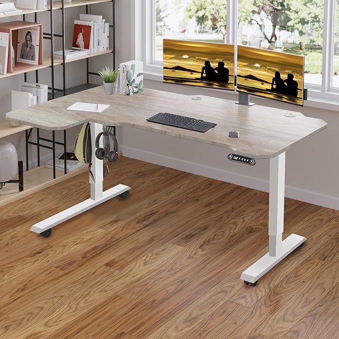 Adjustable Height L-Shaped 59 Inch Electric Standing Desk - Sit Stand Computer Desk, Stand Up Desk Table for Home Office, White Frame and Oak Top