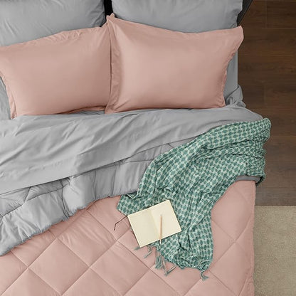 Bedsure Blush Pink Queen Comforter Set - 7 Pieces Reversible Queen Bed in a Bag Queen Bed Set with Comforters, Sheets, Pillowcases & Shams, Queen Bedding Sets