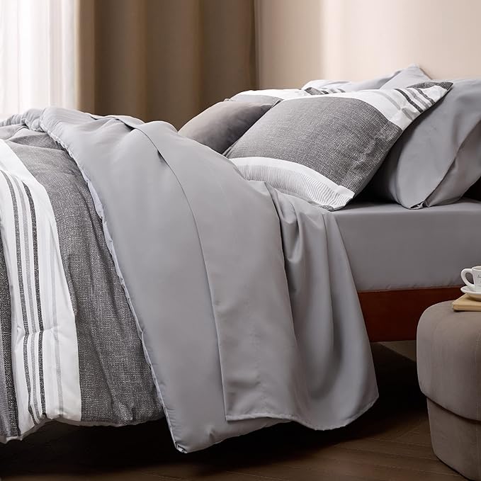 Bedsure King Size Comforter Set - 7 Pieces Grey White Striped Bedding Sets King Bed in A Bag with Comforters King Size, Sheets, Pillowcases & Shams, Bed Sets