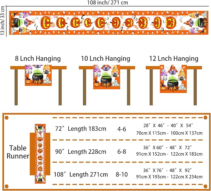 Halloween Table Runner, Halloween Table Runner 108 Inches Long, Halloween Gnomes Pumpkins Runners for Table, Black Cat Trick or Treat Decor Extra Long Burlap Runner Rug for Decorations Dining Room