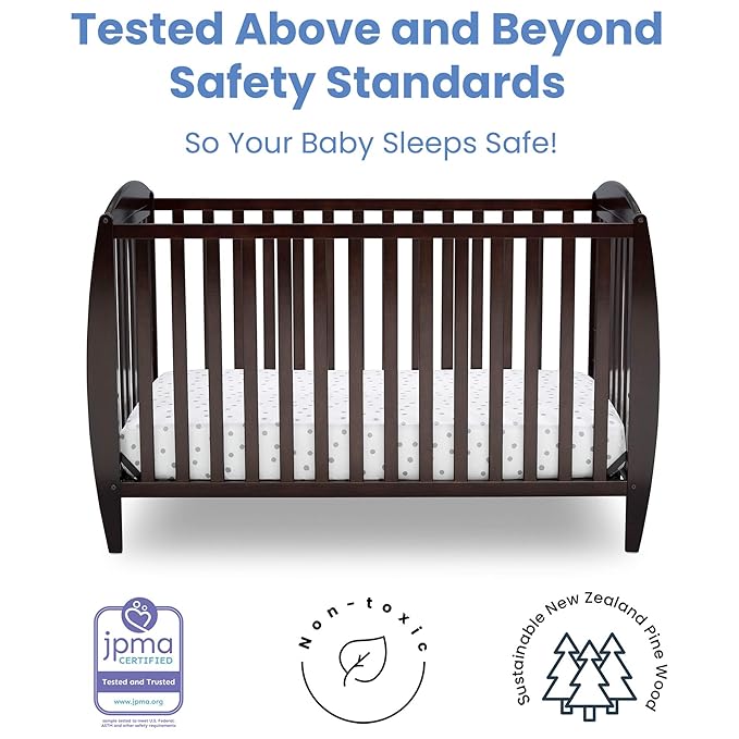 Delta Children Taylor 4-in-1 Convertible Baby Crib, Easy to Assemble, Sustainable New Zealand Wood, JPMA Certified, Dark Chocolate